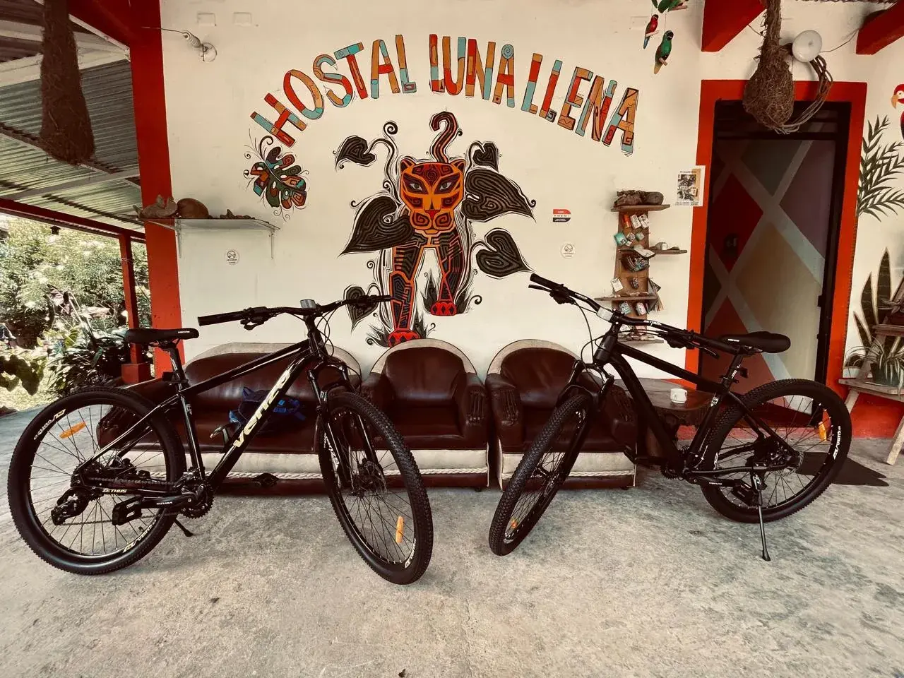 Dos bicicletas de montaña frente al mural Hostal Luna Llena