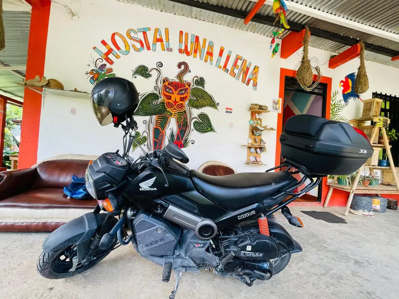 Moto Honda Navi con baúl frente al mural de la casa