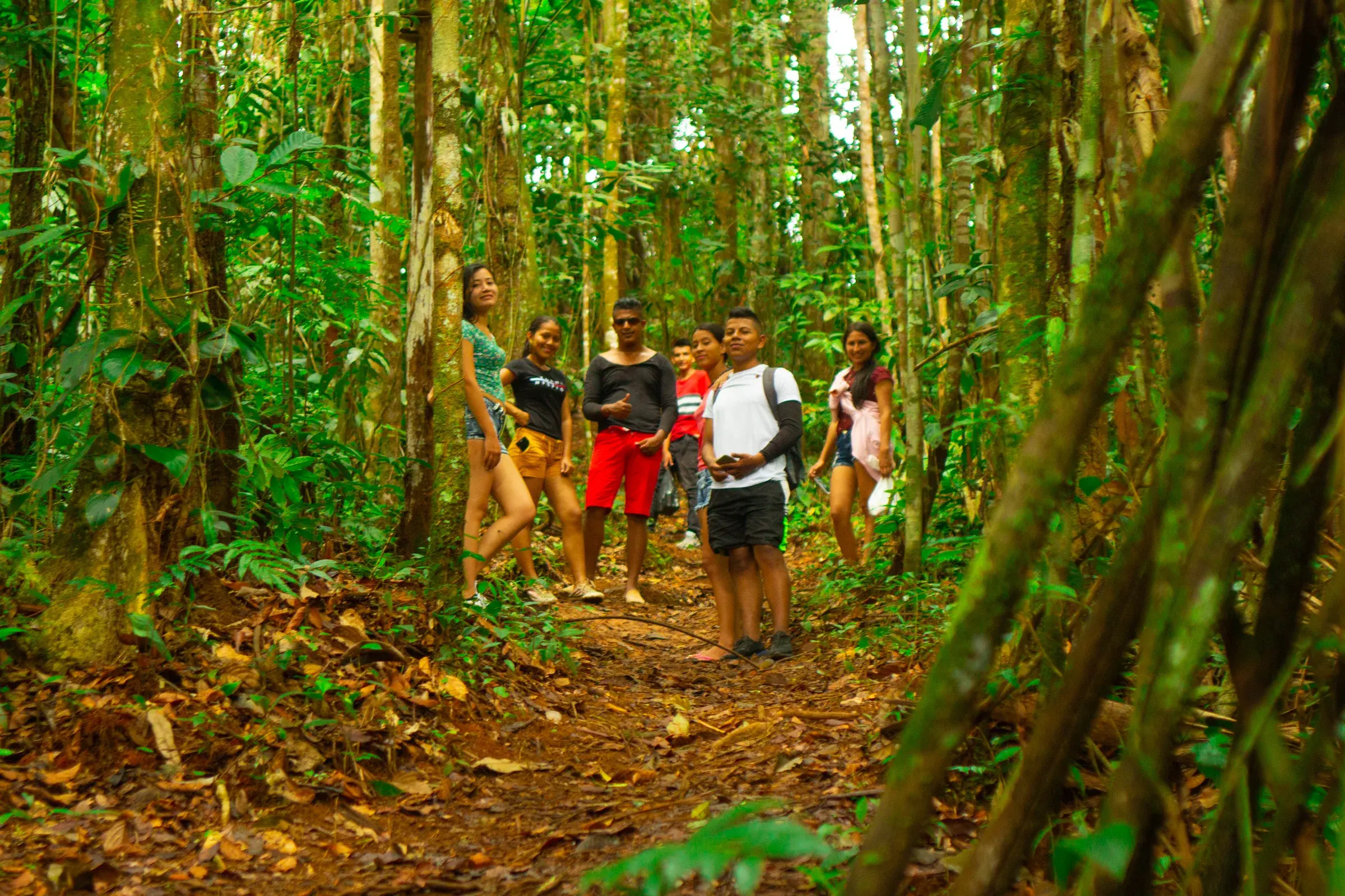 Grupo recorriendo un sendero de bosque en Rincón del Vides