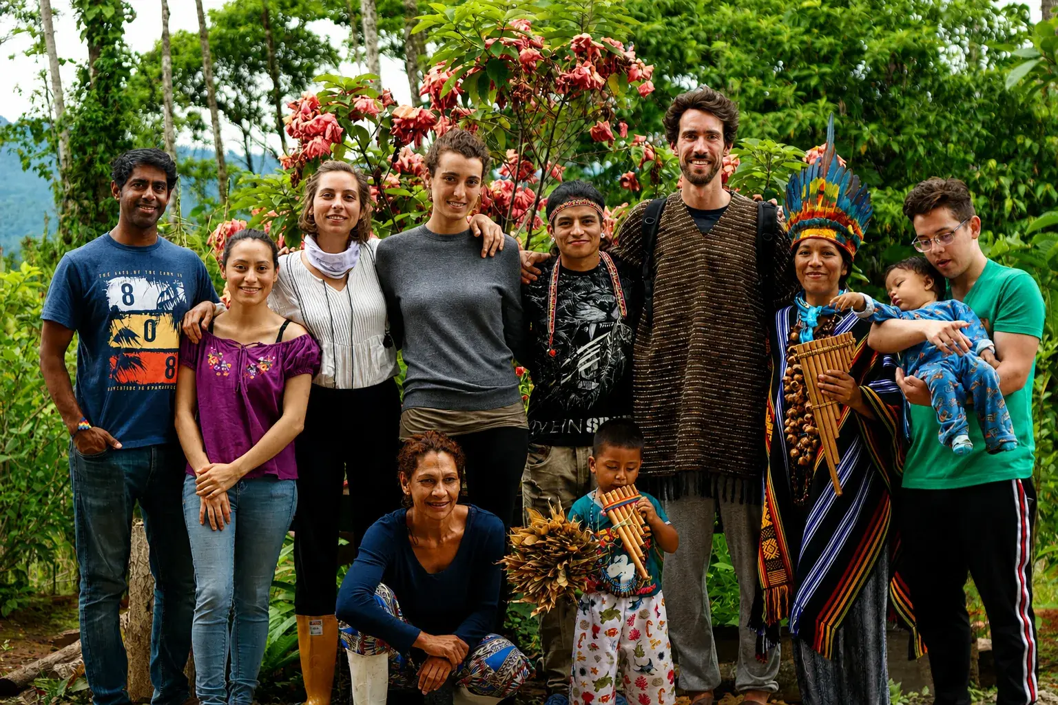 Familia indígena kamëntsá y visitantes en una ceremonia de yagé en Mocoa, Putumayo